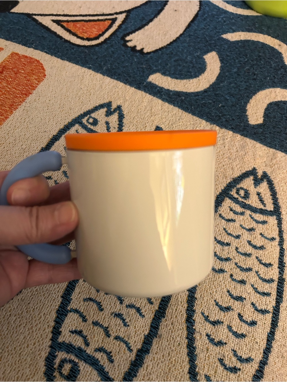 White Mug with Orange Lid and Light Blue Handle - Picture 7 of 10
